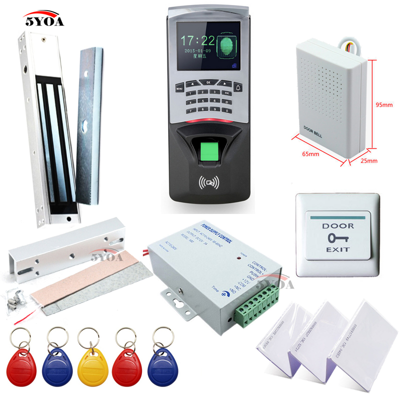 Fingerprint RFID Access Control System Kit Frame Glass Door Set+Electric Magnetic Lock+Card Keytab+Power Supply+Button+DoorBell