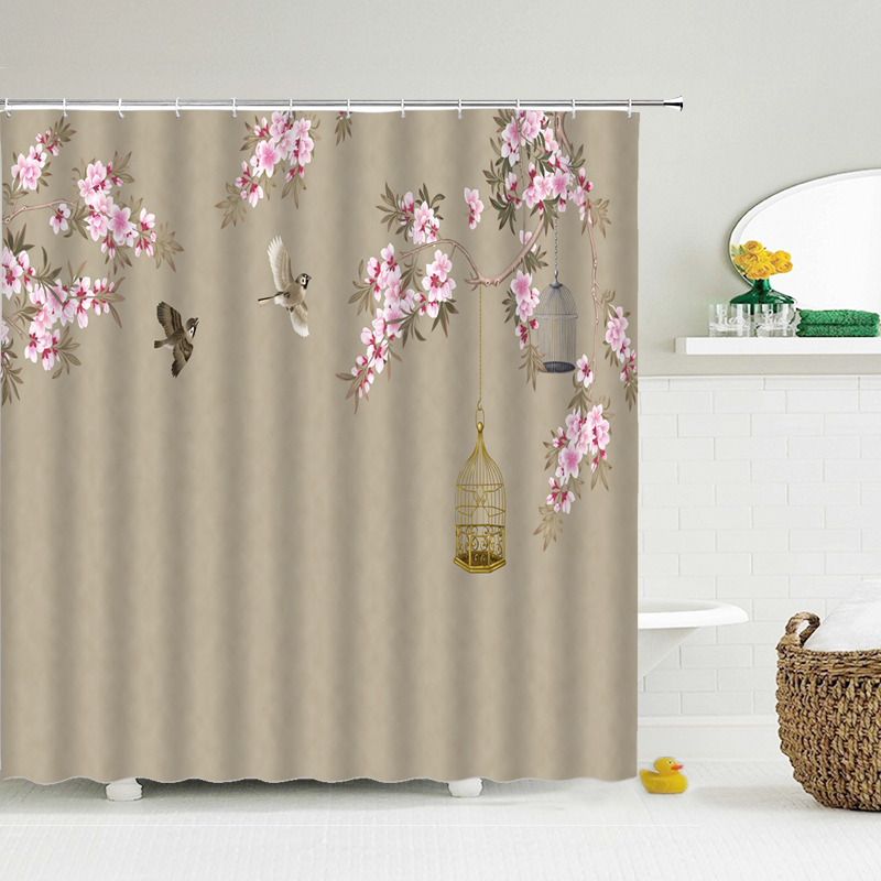 Chinese Style Flower Bird Shower Curtain Bathroom Waterproof Polyester Fabric Bathroom Curtain Printed Curtain Bath Screen Mat