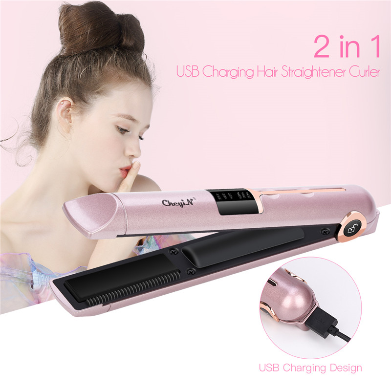 CkeyiN LED Mini USB Cordless Heating Hair Straightener Hair curler Travel Flat Irons Portable Straightening Hair Large Wave Iron