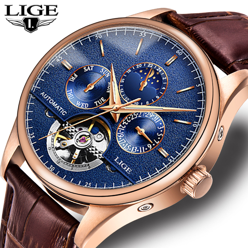LIGE 6826 Plus Brand Classic Men Retro Watches Automatic Mechanical Watch Tourbillon Clock Genuine Leather Waterproof Wristwatch