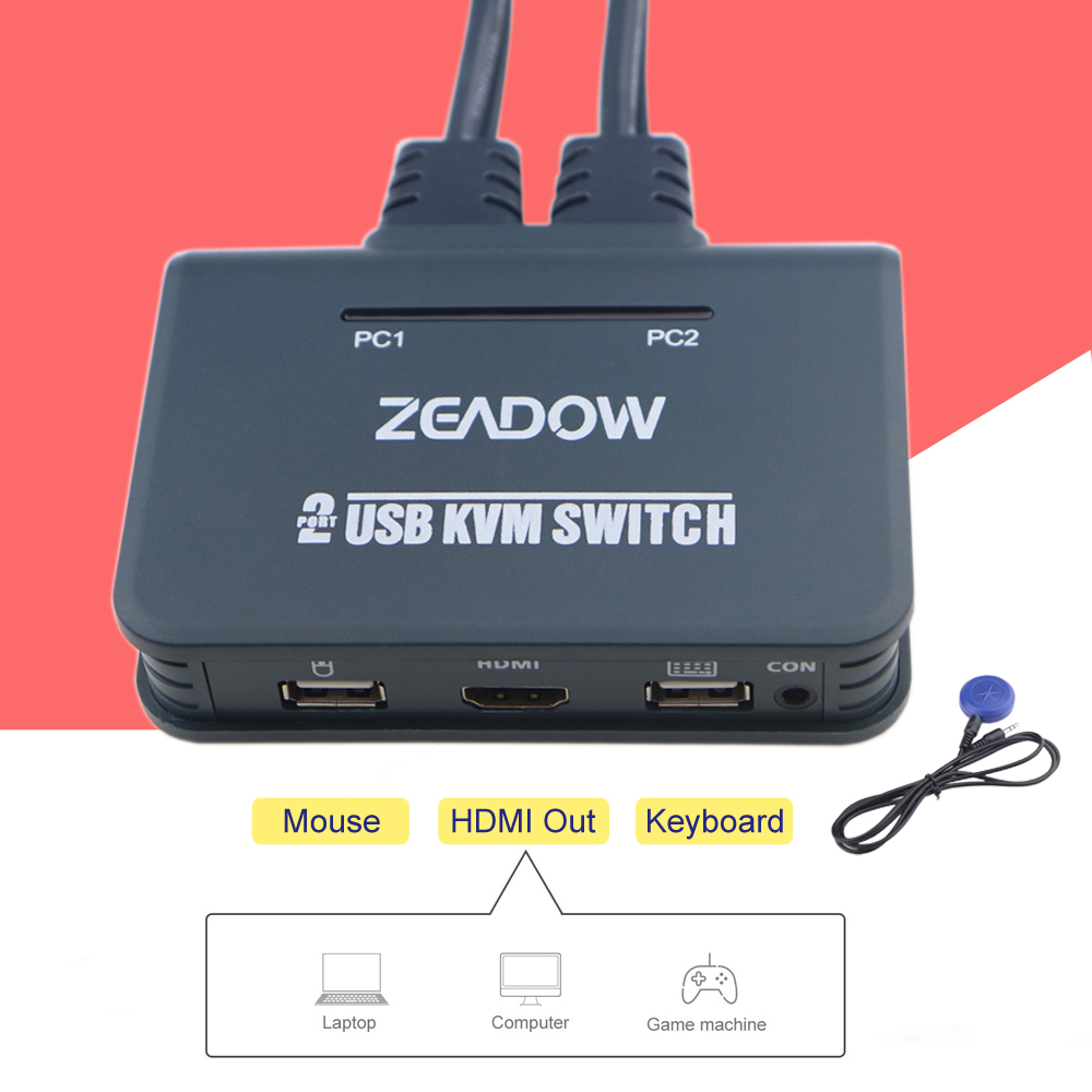 Zeadow 2 Ports HDMI KVM Switch Keyboard Mouse Splitter Box With HDMI & USB Cables Support 4K×2K@30Hz For Linux, Windows, Mac