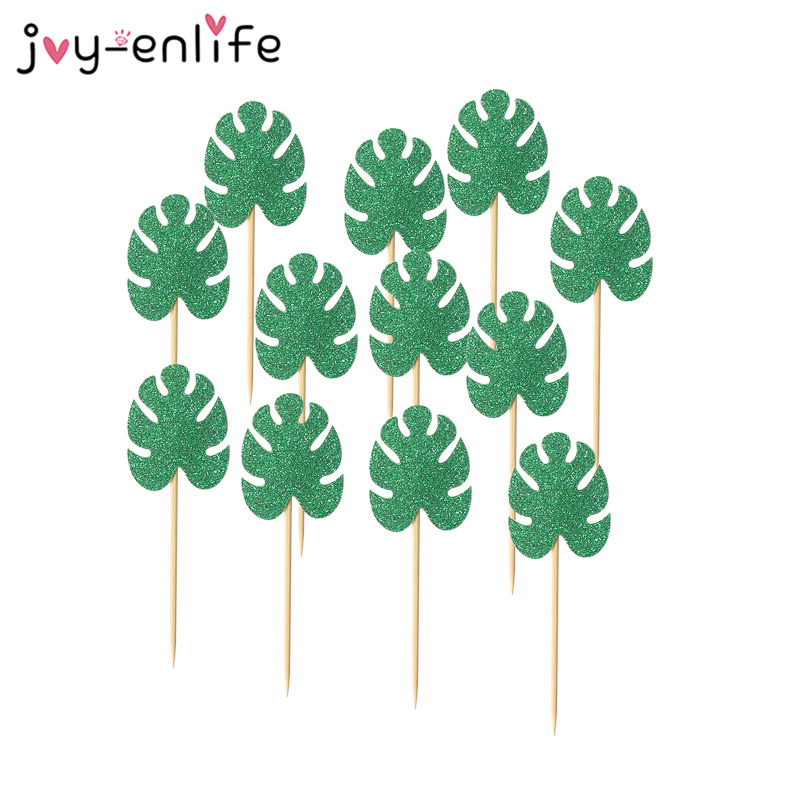 12pcs Pineapple Leaves Cake Toppers Palm Leaves Cupcake Toppers Hawaiian Luau Party Decorations Tropical Party Supplies