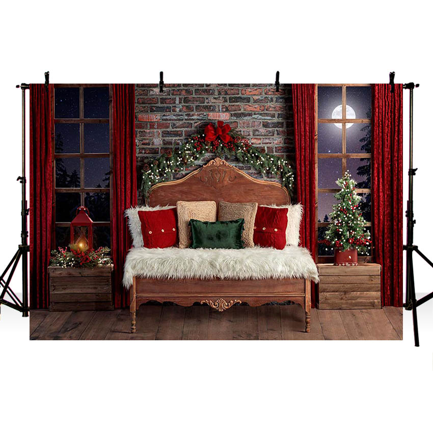 Avezano Christmas Photography Background Indoor Bed Brick Wall Window Red Curtain Wood Floor Portrait Backdrop for Photo Studio