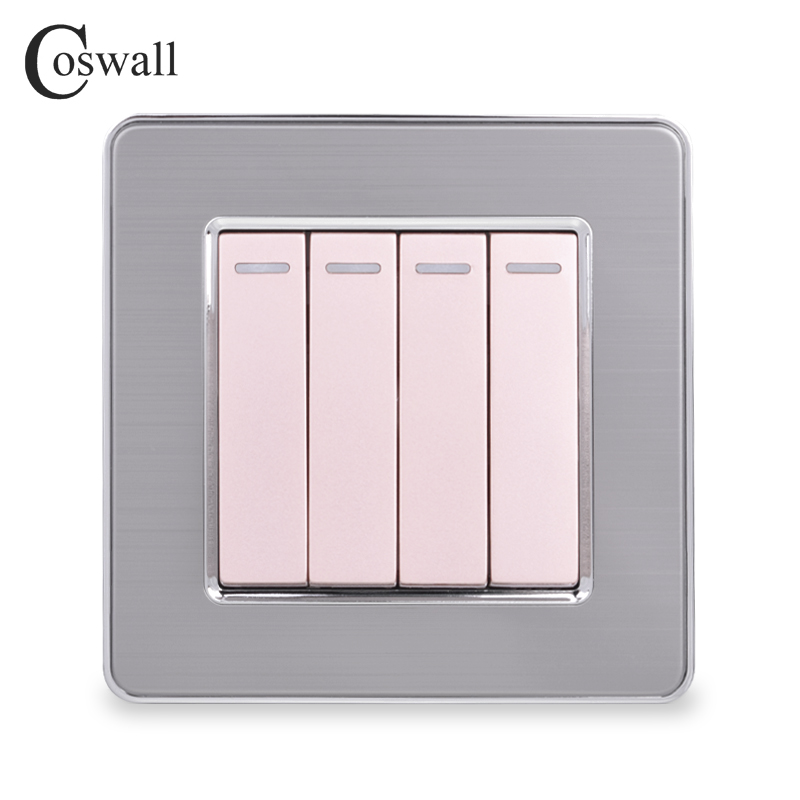 Coswall 4 Gang 2 Way Luxury Light Switch On / Off Wall Switch Interruptor Stainless Steel Panel AC 110~250V