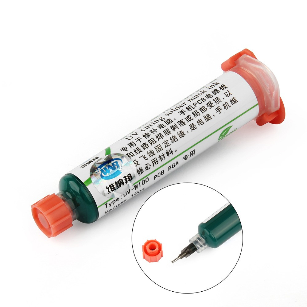 10ML Green Oil UV Solder Mask BGA PCB Paint Prevent Corrosive Arcing Soldering Paste Flux Inks Soft Nylon Brush 9 LED Light