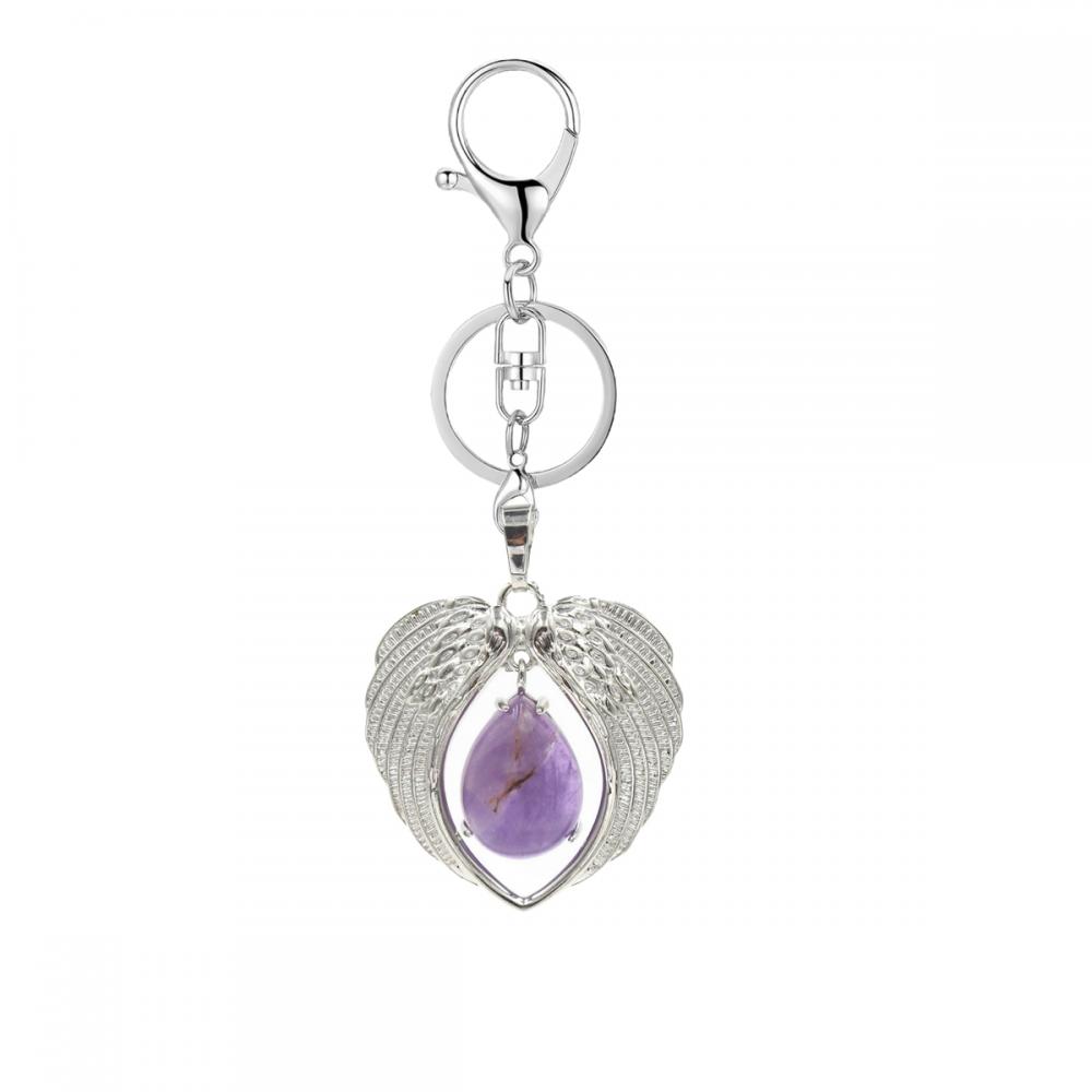 Gemstone Silver Alloy Wing Teardrop Keychain Gemstone Pendant Heart Shape Key Ring for Men Women Anniversary Gift