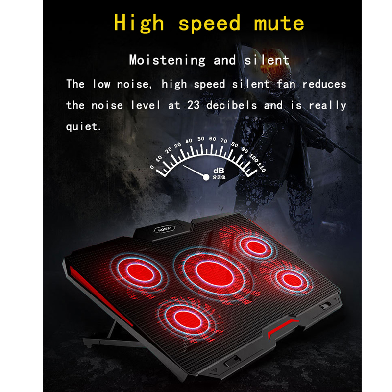 NUOXI Gaming Laptop Cooler 2 USB Ports and Five Big cooling Fan Laptop Cooling Pad LED Backlit Notebook Stand For 12-17 inch