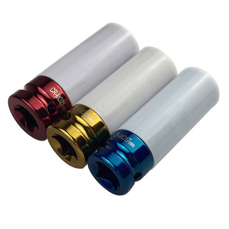 Durable Auto Parts 3pcs 17/19/21mm Tire Protection Sleeve Wheel Deep Impact Nut Sockets for Car Accessories in Red, Yellow, Blue
