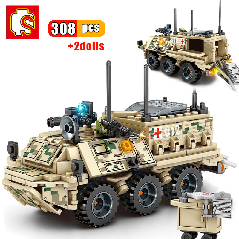 SEMBO 262pcs Military Ambulance Building Block Compatible WW2 vehicle Army truck US Soldier Bricks Educational toys for children