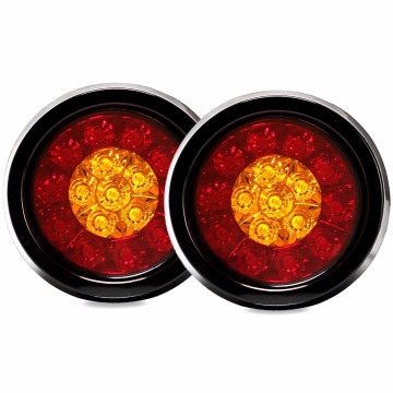 Fuleem 2PCS 4Inch Round LED Amber Red Taillights with Rubber Grommet 16LED 12V Stop Brake Running Reverse Backup Light For Truck