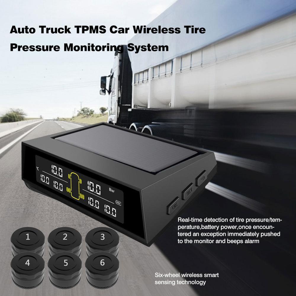 6-wheel Truck Bus Solar Wireless Tire Pressure Monitoring System 6 External Sensors LCD Display TPMS for Car Truck SUV BUS