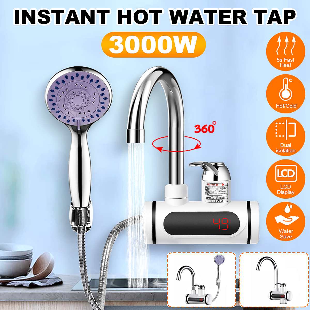3000W 220V Instant Electric Shower Water Heater Hot Faucet Kitchen Electric Tap Water Heating Instantaneou Water Heater+Shower