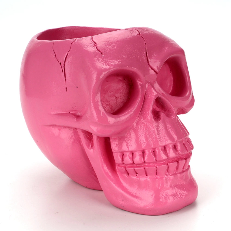 3D Skull Head Figurine Skeleton Ornament Stationery Holder Pink Makeup Storage Container Flower Pot Jewellery Box Home Decor