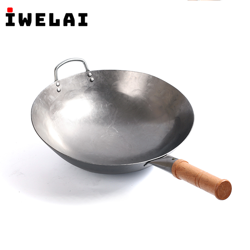 IWELAI 32cm/34cm Woks Traditional Iron Wok Handmade Large Wok&Wooden Handle Non-stick Wok Gas Cooker Pan Kitchen Cookware