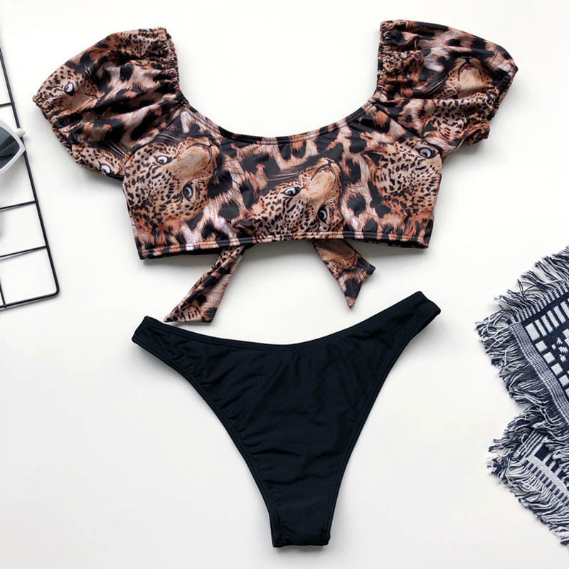 INGAGA Leopard Bikini Set 2021 Push Up Swimsuits Short Sleeve Biquini Swimwear Sexy Bow Brazilian Bikinis Beachwear Bathing Suit