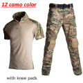 Tactical Military Uniform Army Camouflage Training Suit Short Sleeve T Shirts + Pants Airsoft Hunting Clothing with Knee Pads