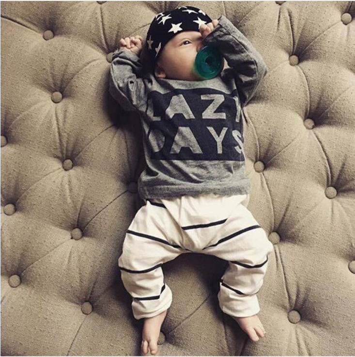 2Pcs Newborn Infant Baby Boys Girls Clothes Set Long Sleeve Letter LAZY DAYS T-shirt Tops Casual Stripe Pants Toddler Clothing