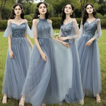 New Dusty Blue Mix and Match Bridesmaid Dresses Appliques Flowers Fall Blush Bride Prom Party Gown Cheap Robe De Soriee 2020