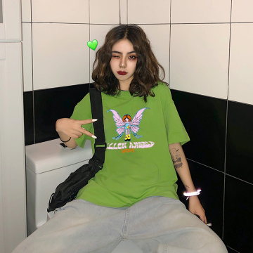 E-girl Butterfly Graphic and Letter Printing Stitch Green Crop Tops tee Y2K Summer Grunge Style O-neck Short Sleeve T-shirts