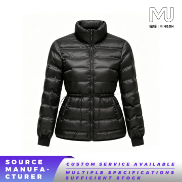 Women Black Drawstring‑Waist Slim‑Fit Puffer Jacket