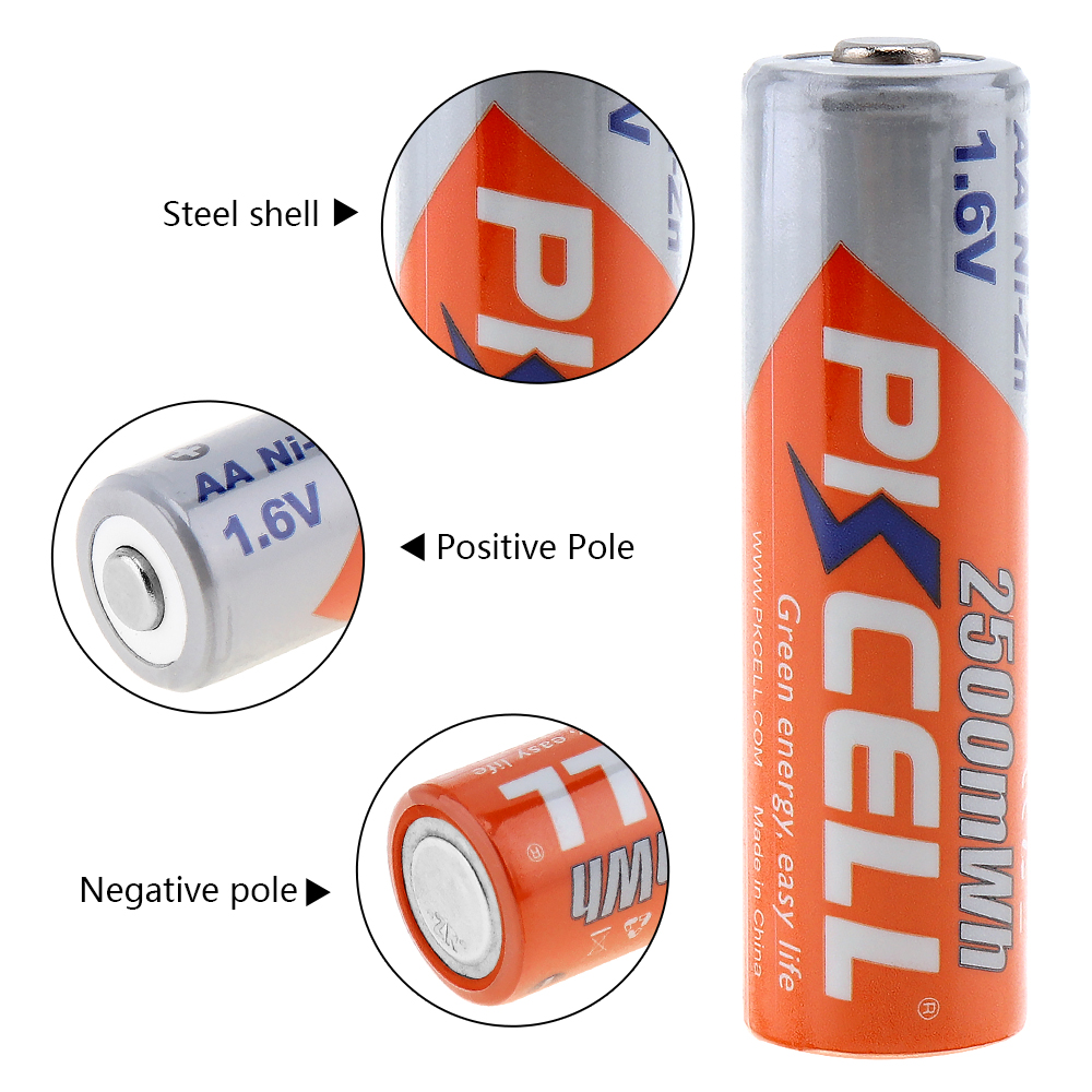 4PC PKCELL AA Battery 1.6V Nickel-Zinc 2500mWh Ni-Zn AA Rechargeable Batteries 2A Battery For flashlight toys