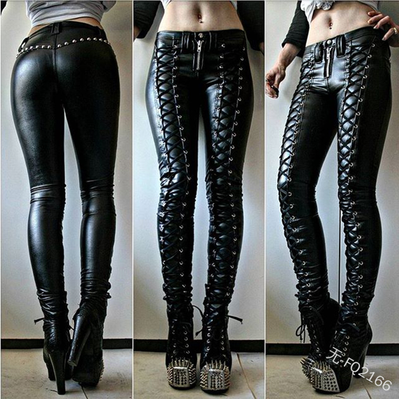 5XL Large Size Punk Gothic PU Leather Pencil Pants Women Sexy Skinny Lace Up With Rivet Zipper Medieval Retro Viking Long Pants