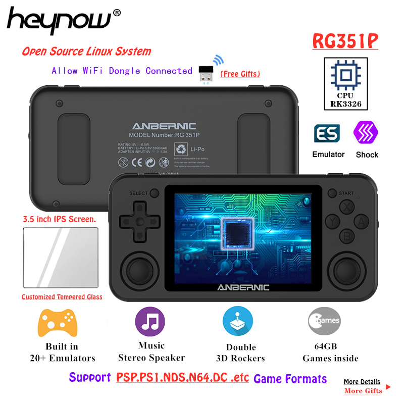 HEYNOW RK3326 RG351P Retro Game Console WiFi 64G Emuelec Linux System 3.5inch IPS Screen PS1 N64 Pocket Game Player RG350P RG351