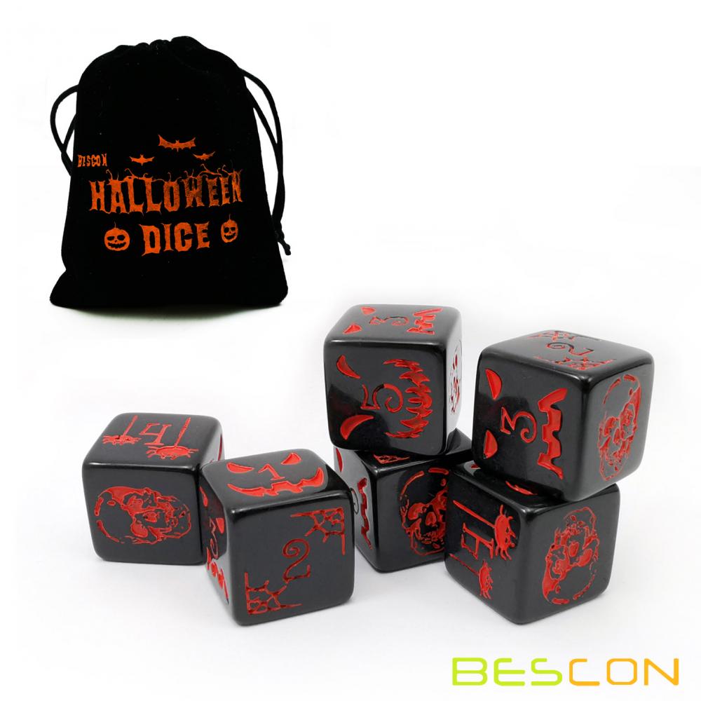 Set of 6 Bescon Halloween Dice 6 Sides in Solid Black, 6 Sided Halloween Dice Set in Velvet Pouch