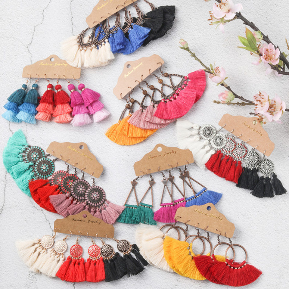 Bohemia Big Tassel Earring Sets Vintage Ethnic Bright Colors Long Fringe Earrings Set for Women Girl Statement Jewelry Gifts