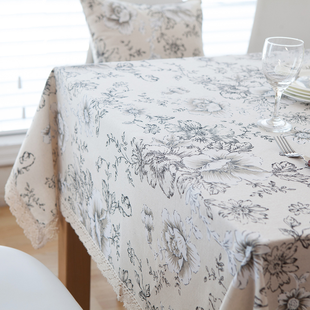 Cotton Floral Printed Tablecloth Rustic Linen Rectangular Lace Edge Tablecloth For Dining Kitchen Table Protector Cover Mantel
