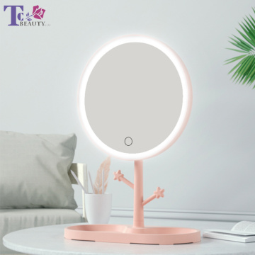 LED Makeup Mirror With Light Ladies Makeup Lamp With Storage Desktop Rotating Mirror Round Shape Cosmetic Mirrors Christmas Gift