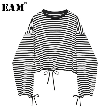 [EAM] Women Black Striped Drawstring Knitting Big Size T-shirt New Round Neck Long Sleeve Fashion Tide Spring Autumn 2021 1Y850