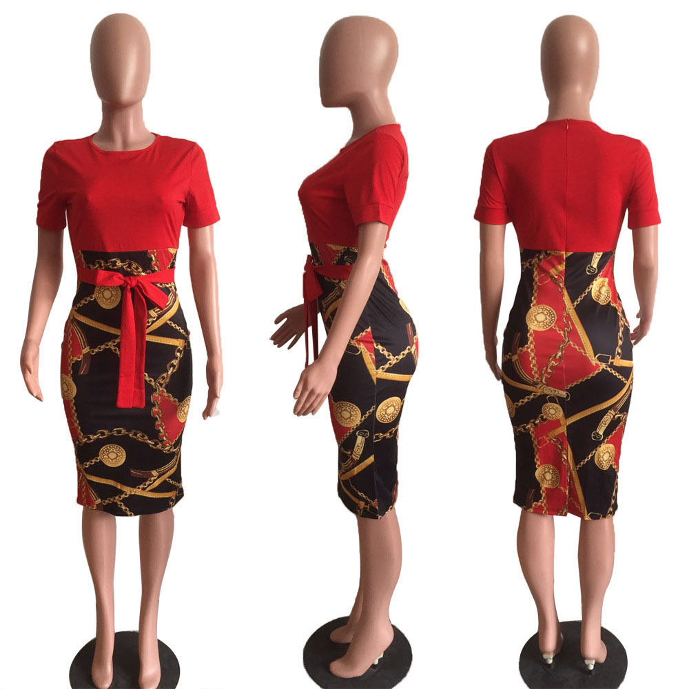 SEBOWEL Fashion Casual Women Print Short Sleeve Bodycon Pencil Dress with Belt Office Lady Work Tight Midi Dresses Summer S-XXL