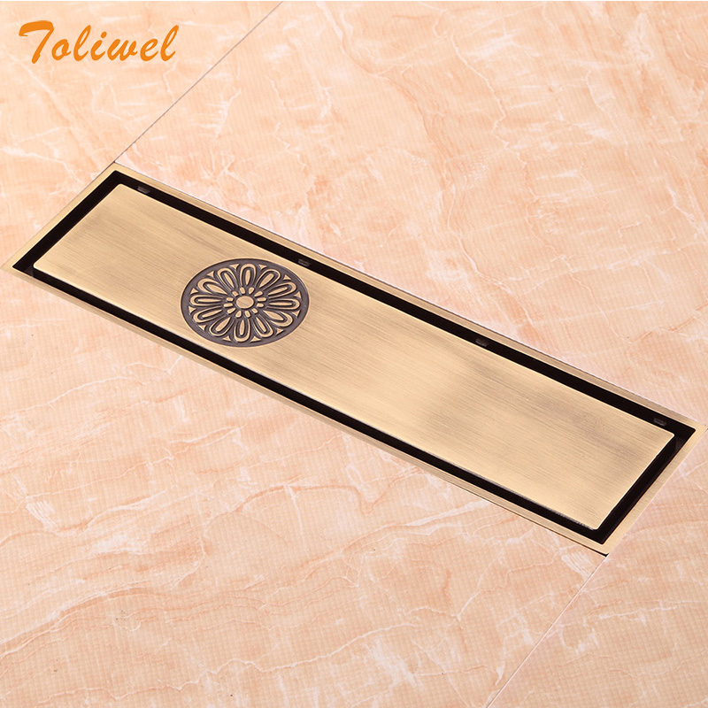 Free Shipping Antique Brass 8 x 30cm Bathroom Linear Shower Floor Drain Wire Strainer Waste Drainer Flower Carved Heavy SEH029