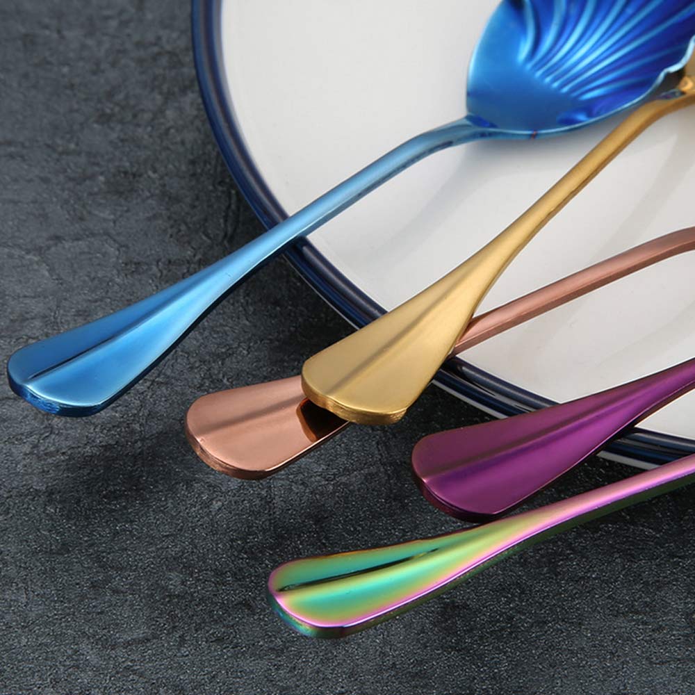 6Pcs Shell Shape Stainless Steel Teaspoons Coffee Spoons Ice Cream Sugar Dessert Spoons Colorful Rainbow Spoons for Kitchen Bar
