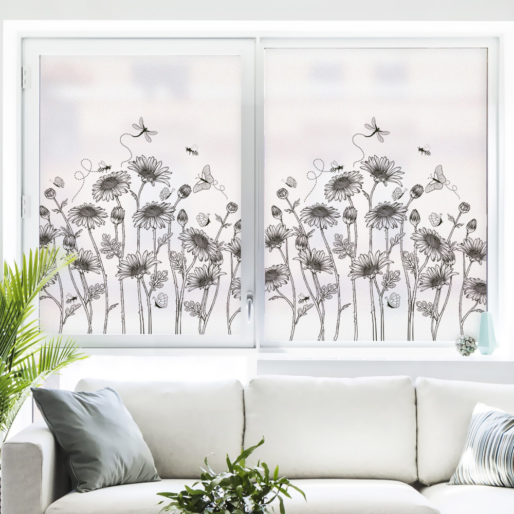 45x90CM Window Privacy Film Stained Glass Sticker for Bedroom Bathroom Window Film Home Decor Tree Dandelion Flowers Black Plant