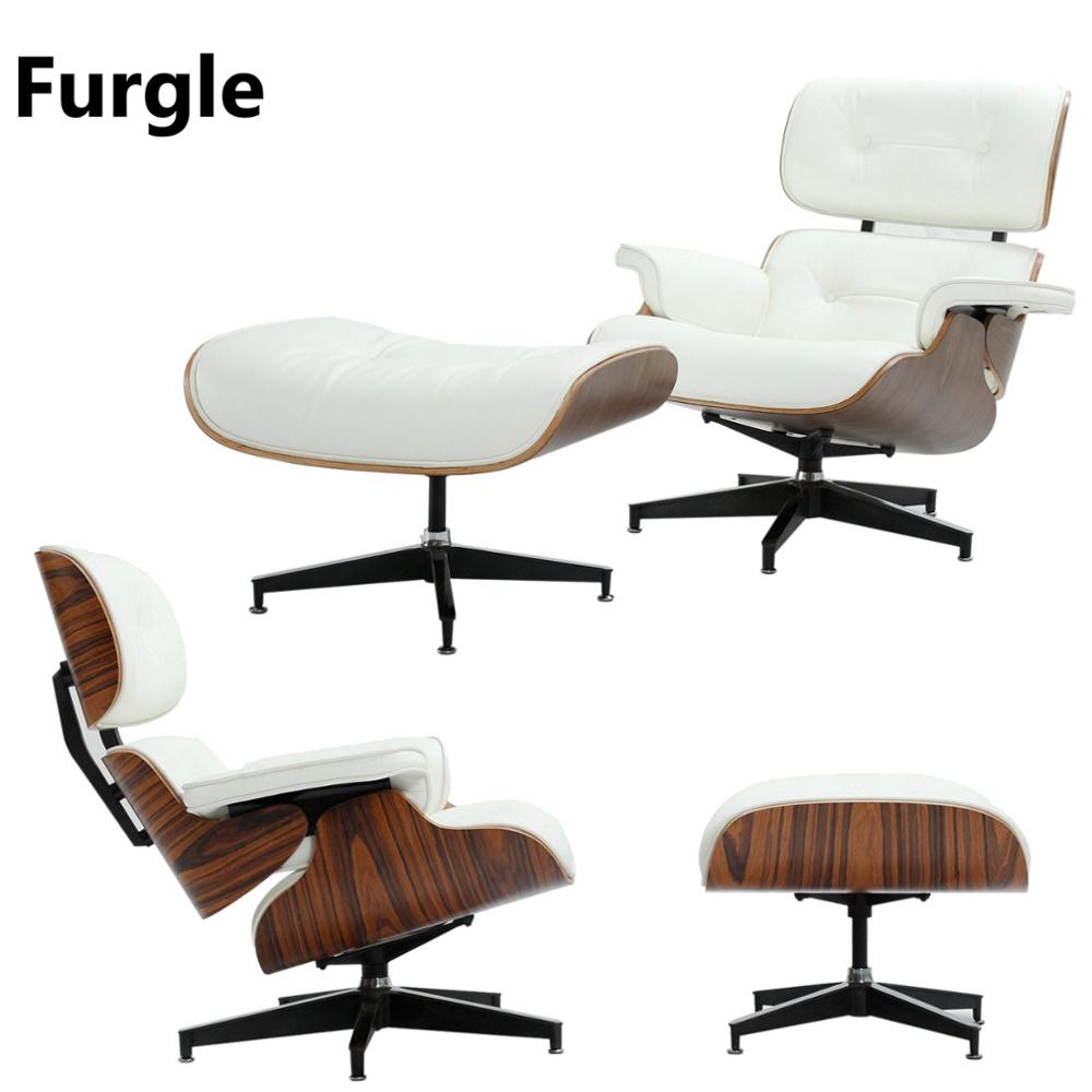 Furgle Replica Classic Design Lounge Chair White Leather with Black Palisander Wood with Ottoman Modern Chair Natural Wood