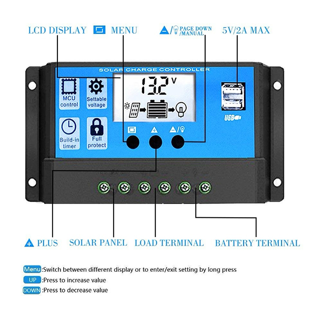 10A/20A Auto Solar Charge Controller PWM Controllers LCD Dual USB 5V Output Solar Panel PV Regulator