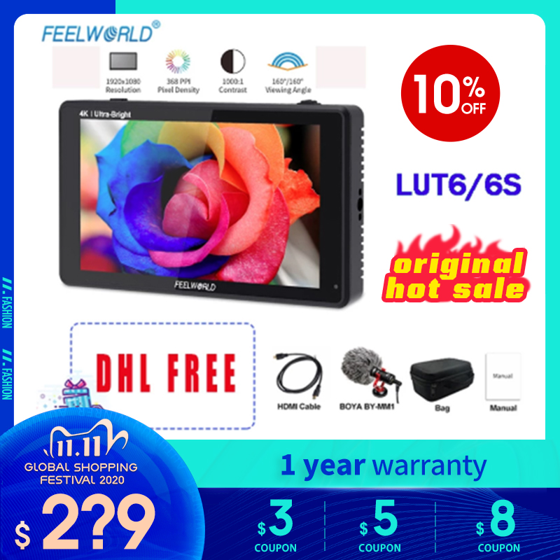 FEELWORLD LUT6 6s Inch 2600nits HDR 3D LUT Touch Screen on Camera Field DSLR Monitor with Waveform VectorScope for Youtube Live