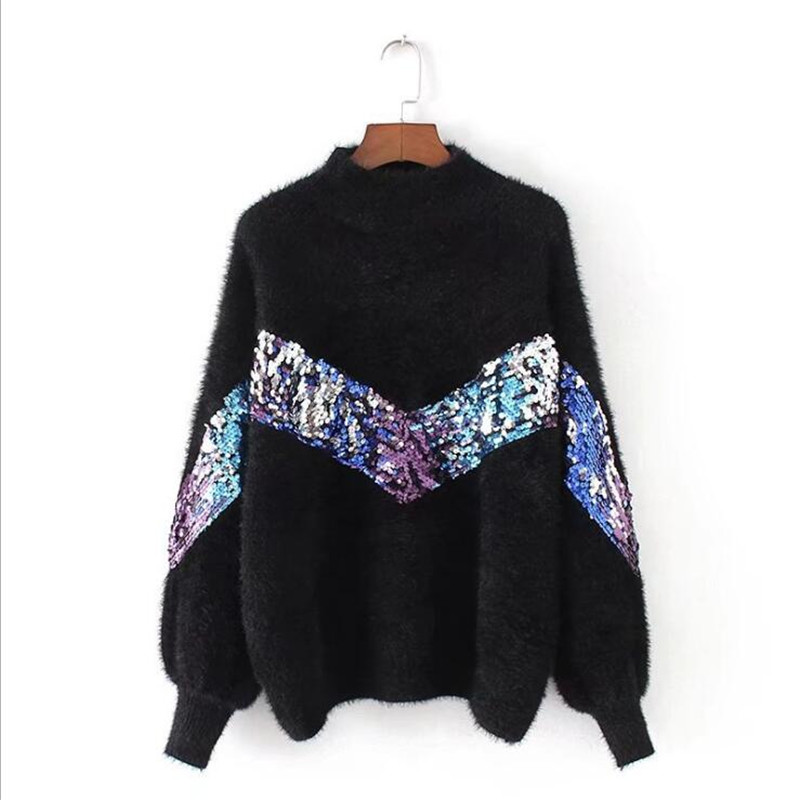 2020 New Women's Sweater Autumn And Winter New Fashion Half-high Collar Mohair Embroidery Sequins Lantern Sleeve Sweater