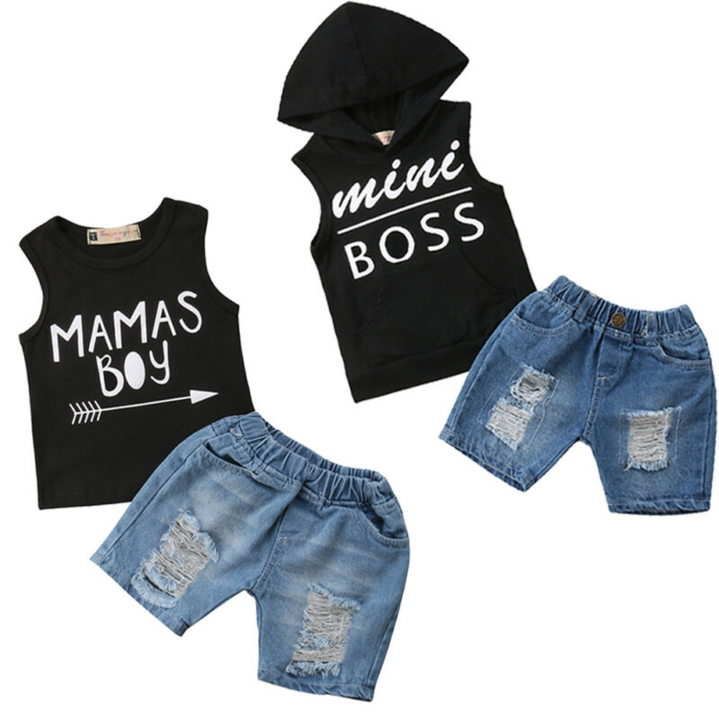 Summer Kids Baby Boys Clothes Set Toddler Sleeveless Sleeveless Hooded T-Shirt Letter Tops Short Jeans Outfits Clothing 2PCs