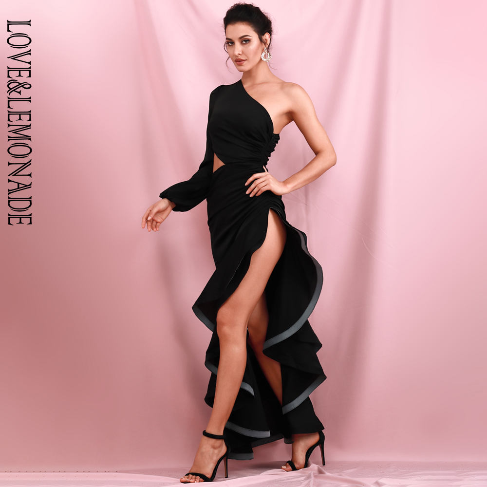 LOVE&LEMONADE Sexy Black Off-Shoulder Side Whit Split Cut Out Ruffled Long Sleeve Maxi Dress LM82202-1