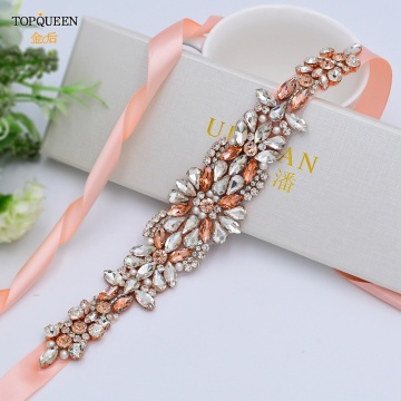 TOPQUEEN S423 Rhinstone Belt Bridal Belt Jewelry Formal Dress Sash Belt Rose Gold Sparkly Belt for Wedding Dress Woman's Belt