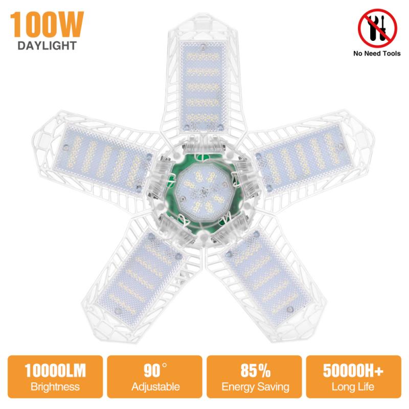 6500K 10000LM 100W 157 LED Garage Light Transparent Deformation Folding Lamp High Bay Light Indoor for Garage Workshop Warehouse