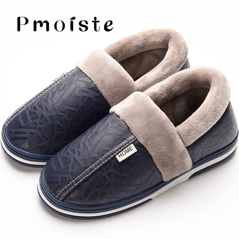 Men shoes Indoor slippers Leather Massage Memory foam 2020 Winter Plush Male Home slippers Fur Adult House slides Waterproof