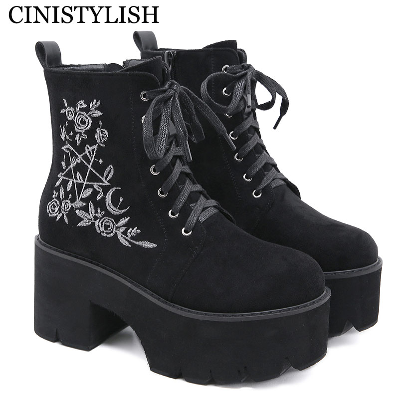 Shoes On Platform Demonia Boots Chunky Punk Suede Leather Womens Gothic Shoes Lace Up Black Zipper High Quality Fashion Flower