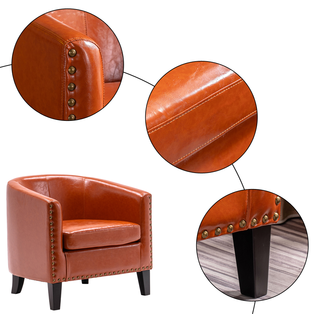Circle Chair Single Sofa Modern Minimalist with Copper Nails PU Brown Orange 73x64x70CM for Living Room Bedroom Etc[US-Stock]