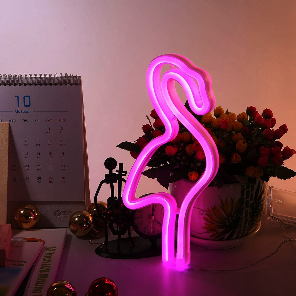 USB Operated Neon LED Pink Flamingo Battery Powered Night Light Sign for Christmas New Year Birthday Party Home Decoration