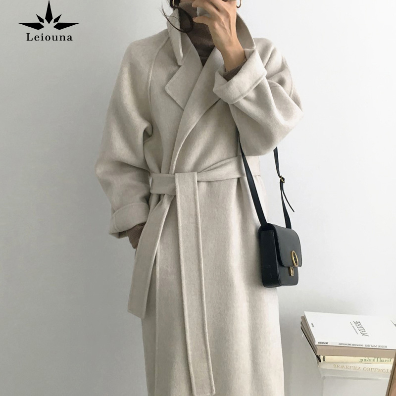 Leiouna Vintage Solid Long Sleeve Casual Belt 2020 New Fashion Long Autumn Faux Wool Blend Woolen Coat Winter Warm Women Clothes