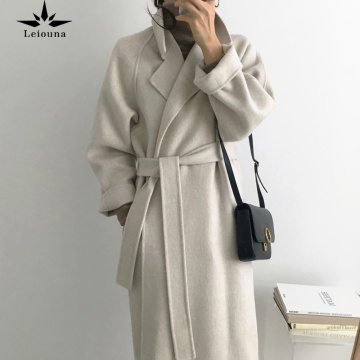 Leiouna Vintage Solid Long Sleeve Casual Belt 2020 New Fashion Long Autumn Faux Wool Blend Woolen Coat Winter Warm Women Clothes